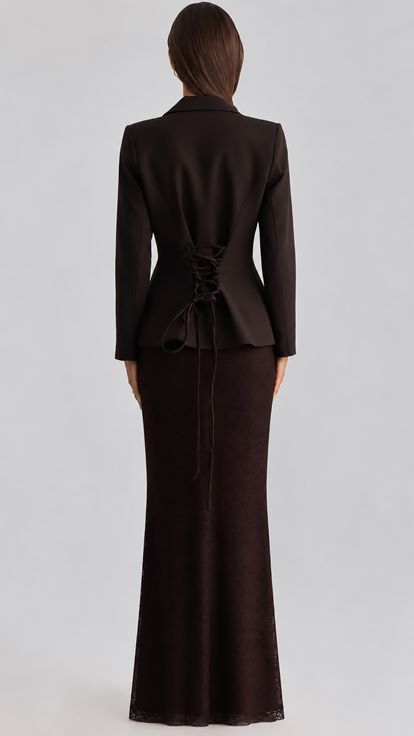 Kahverengi Güpür Etekli Blazer Abiye  Takım
